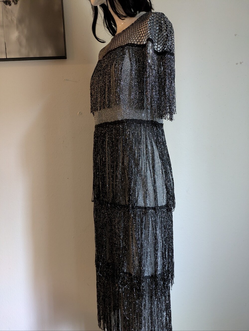 SHEIN Black Silver Metallic Fringe Mesh Midi Dress Size Large Party Cocktail - Picture 4 of 6